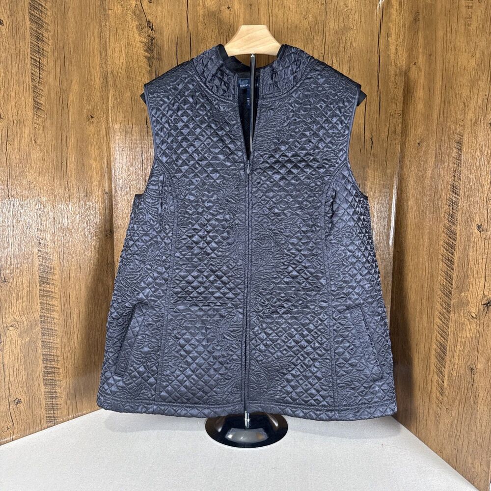 Susan Graver Weekend 1X Quilted Vest Black Damask Floral Paisley Puffer Pockets